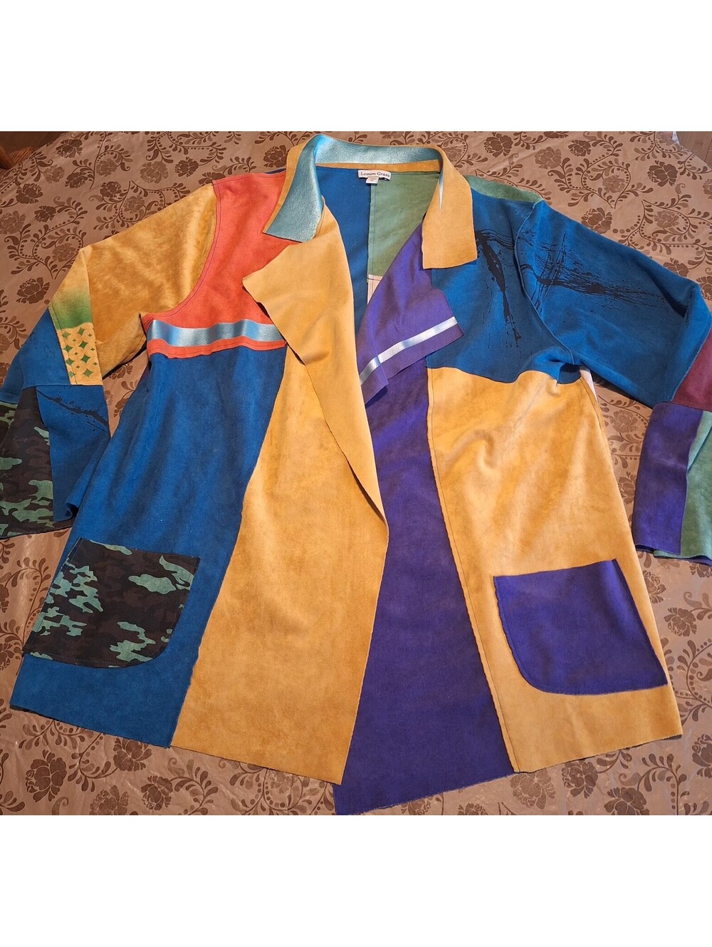 Lemon Grass Patchwork Color Block Women's XL Faux Suede Open Blazer/Jacket